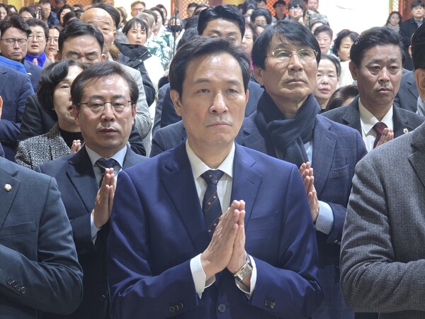 오대산 월정사 신년하례법회 우상호 전 대통령실 정무수석 / 사진=BBS 최승한 기자